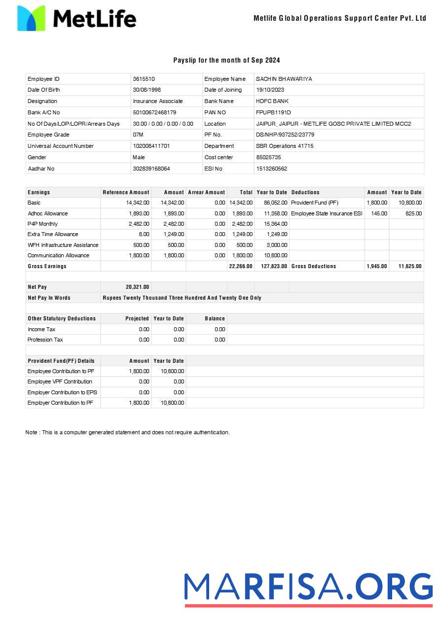 Realistic Metlife Global Operations Support Center payslip download for verification